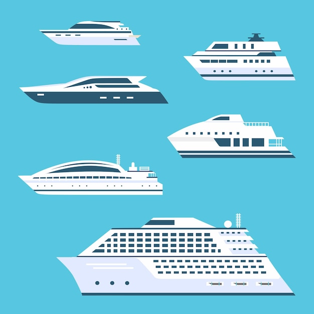 Gran conjunto de iconos de vector plano de cruceros Hermoso barco de lujo de élite en el mar Colección de ilustraciones de yates de transporte oceánico en estilo de dibujos animados aislado sobre fondo azul