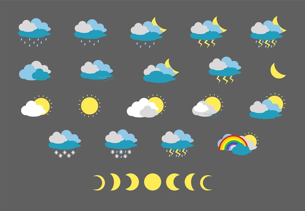 Gran conjunto de iconos vectoriales que representan diferentes fenómenos meteorológicos. Fases de la luna