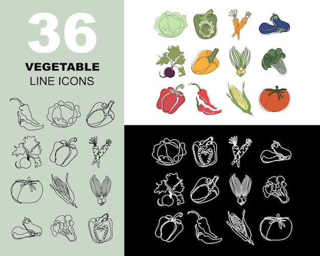Gran conjunto de iconos de verduras línea negra iconos de línea blanca e iconos de colores Plantillas de impresión