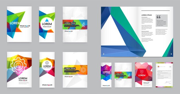 Vector gran conjunto de identidad visual con elementos de logotipo de letra estilo poligonal maquetas de plantilla de portada de folleto de estilo de diseño triangular geométrico y membrete para negocios con nombres ficticios