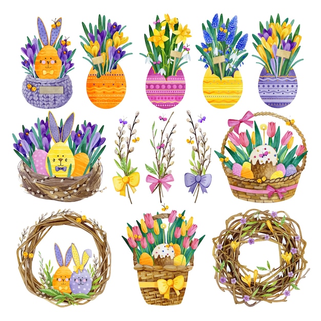 Gran conjunto de ilustraciones de composiciones de Pascua en acuarela