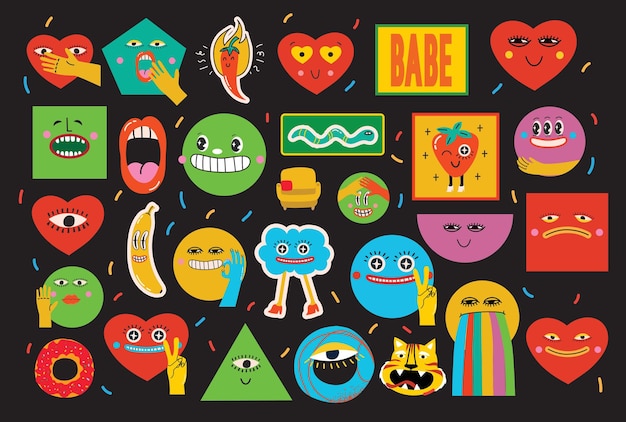 Gran conjunto de ilustraciones vectoriales de diferentes colores para carteles en diseño plano de dibujos animados Formas abstractas dibujadas a mano caras diferentes texturas divertidos personajes cómicos