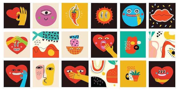 Gran conjunto de ilustraciones vectoriales de diferentes colores para carteles en diseño plano de dibujos animados Formas abstractas dibujadas a mano caras diferentes texturas divertidos personajes cómicos