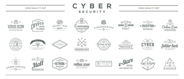 Gran conjunto de insignias y signos de identidad de ciberseguridad vectorial
