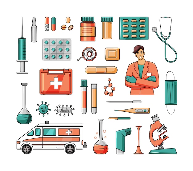 Tratado Médico me quejo Gran conjunto de instrumentos médicos, elementos coloridos de medicamentos.  dibujos animados. | Vector Premium
