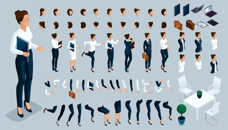Vector gran conjunto isométrico de gestos con las manos y los pies chica dama de negocios 3d crea tu personaje