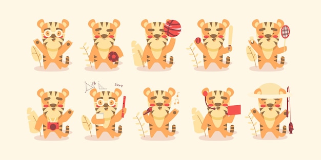 Gran conjunto de lindo personaje animal tigre con diversas actividades.