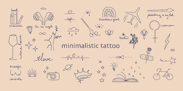 Gran conjunto de lindos diseños de tatuajes minimalistas. ilustración de arte de línea vectorial.