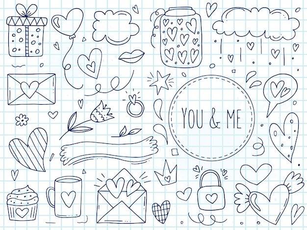 Gran conjunto de lindos elementos de garabatos dibujados a mano sobre el amor pegatinas de mensajes para aplicaciones iconos para eventos románticos del día de san valentín y bodas un cuaderno a cuadros