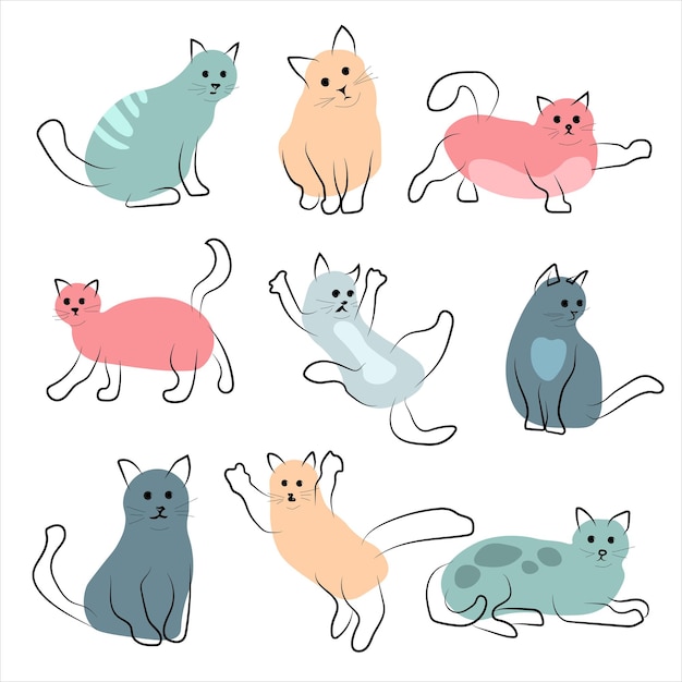 Gran conjunto con lindos gatos estilizados aislados sobre fondo blanco Imagen vectorial