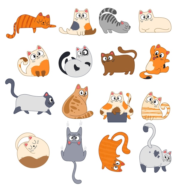 Vector gran conjunto de lindos gatos multicolores de dibujos animados. gatos divertidos rayados y manchados sentados, acostados, mascota feliz