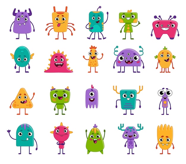 Gran conjunto de lindos monstruos de dibujos animados y extraterrestres. Personajes infantiles para juegos y aplicaciones.