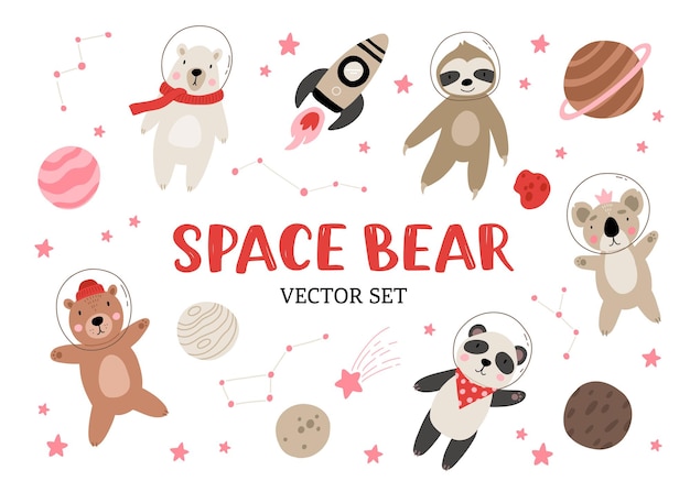 Gran conjunto de lindos osos astronautas en el espacio con planetas estrellas cohete y constelación Ilustración vectorial dibujada a mano Diseño plano de estilo escandinavo Polar marrón y oso panda perezoso y koala