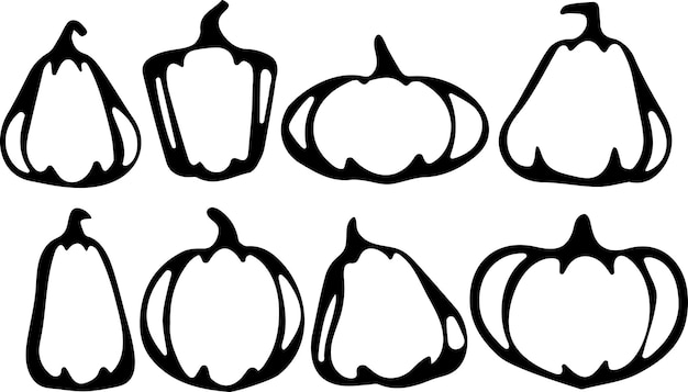 gran conjunto de logotipos de calabazas de otoño dibujados con líneas curvas negras en vector de estilo abstracto