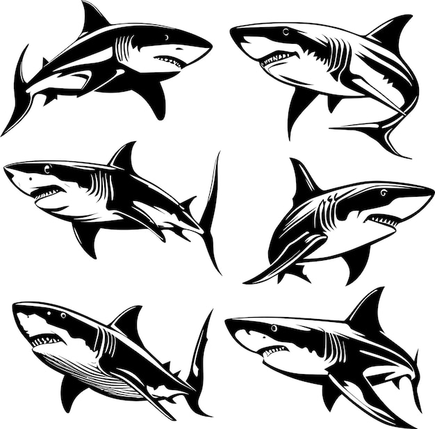 Gran conjunto de logotipos de tiburones blancos diseño monocromático