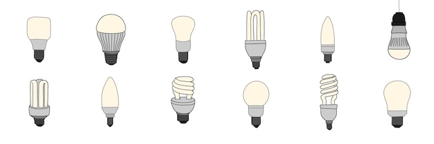 Gran conjunto de luces de bombillas en estilo doodle Arte vectorial de dibujo a mano