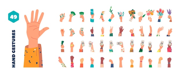 Vector gran conjunto de manos humanas sosteniendo dinero smartphone flores mostrando código qr gesticulando escribiendo colección de iconos