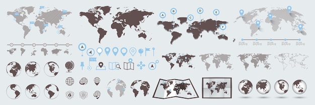 Vector gran conjunto de mapas y globos colección de pines diferentes efectos conjunto de globos transparentes de la tierra ilustración vectorial