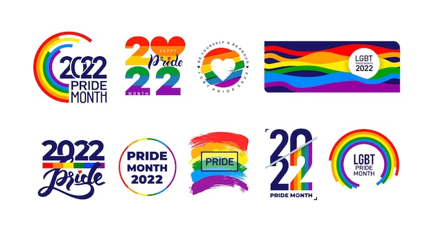 Gran conjunto del mes del orgullo lgbt 2022 celebración anual del trazo de pincel de la bandera lgbt logotipo abstracto de la línea del día del orgullo derechos humanos y tolerancia ilustración vectorial aislada sobre fondo blanco