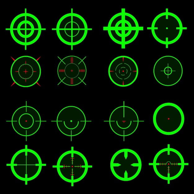 Vector un gran conjunto de miras snipekskiy nocturnas son verdes sobre un fondo negro