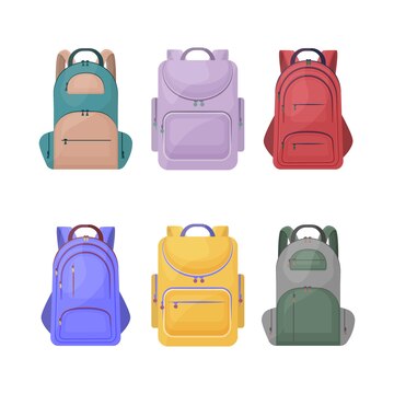 Un gran conjunto de mochilas escolares brillantes de diferentes colores maletines útiles escolares y escolares mochilas para caminar y viajar una bolsa para cosas ilustración vectorial sobre un fondo blanco | Vector Premium