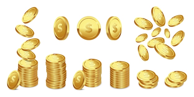 Gran conjunto de monedas de oro realistas con signo de moneda de dólar Ilustración vectorial 3d aislada sobre fondo blanco