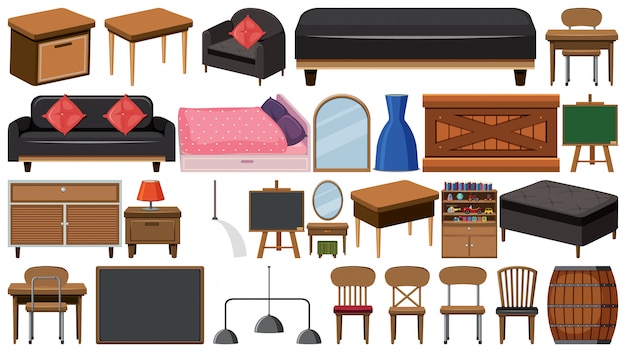 Vector gran conjunto de muebles de madera sobre fondo blanco.