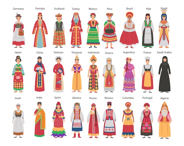 Gran conjunto de mujeres en trajes típicos de diferentes países conjunto de personas en ropa étnica carácter