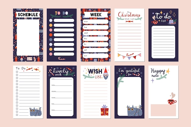 Gran conjunto navideño de lista de verificación de planificación editable de moda lista de deseos para hacer y lugares para notas Vector stock ilustración estilo de dibujos animados Plantillas lindas para historias página de diario de viñetas