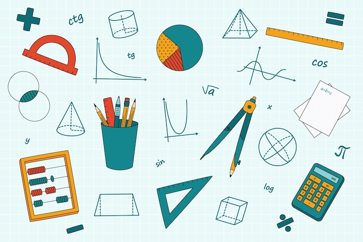 Vector un gran conjunto de objetos matemáticos figuras geométricas y expresiones matemáticas herramientas de medición de papelería