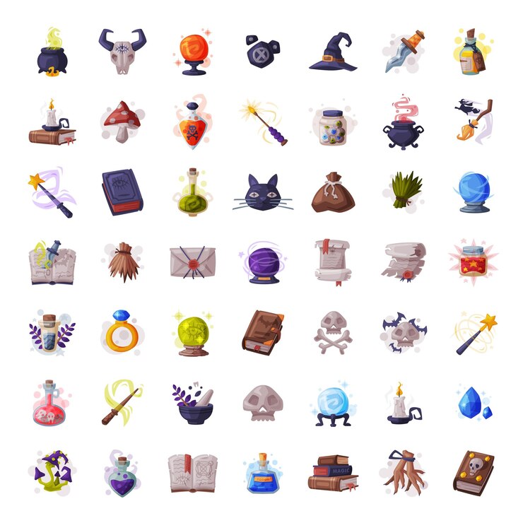 Vector gran conjunto de objetos ocultos para rituales místicos daga libro mágico botella de poción varita vela cráneo de toro hueso estilo de dibujos animados ilustración vectorial