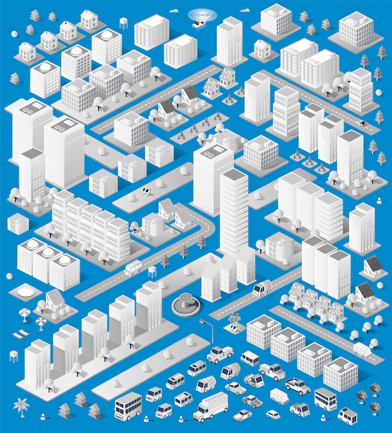 Un gran conjunto de objetos urbanos isométricos. un conjunto de edificios urbanos, rascacielos, casas.