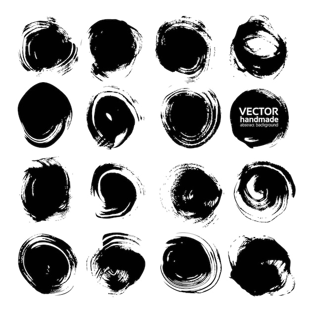 Gran conjunto de objetos vectoriales de frotis texturizados abstractos redondos negros aislados en un fondo blanco