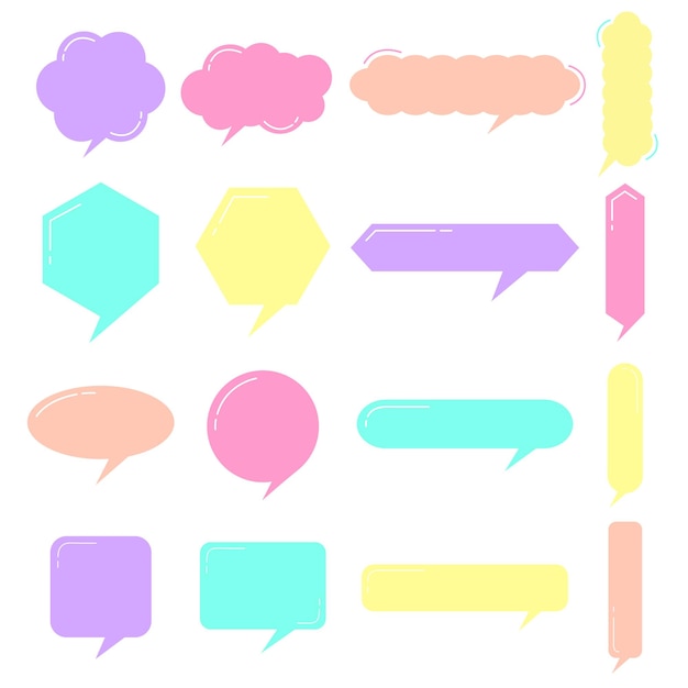 Gran conjunto de pancartas en forma de burbujas de discurso de colores planos vectoriales, etiquetas de precios, pegatinas, carteles, insignias