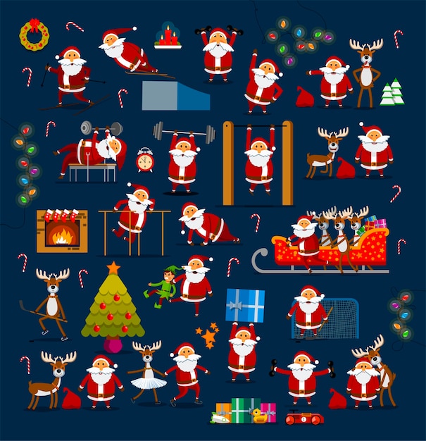 Gran conjunto de Papá Noel en diferentes poses para decoración de Navidad y Año Nuevo.