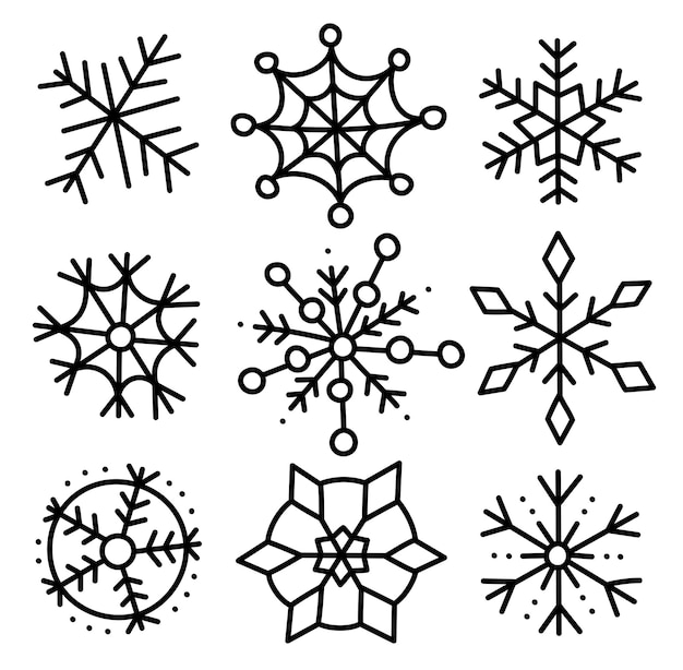 Gran conjunto de paquetes de copos de nieve dibujados a mano por vectores elementos de diseño para impresiones de invierno de Navidad