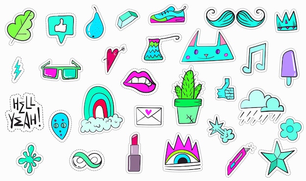 Gran conjunto de parches o pegatinas modernas coloridas con estilo Vaporwave Parches o Pegatinas modernos color cyan magenta de moda Parches de dibujos animados de estilo retrowave de los años 80 y 90 Ilustración vectorial