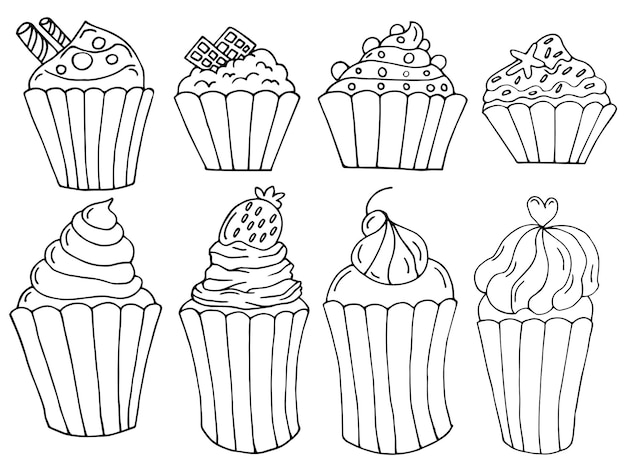 Gran conjunto de pastelitos surtidos dibujados a mano, ilustración. contorno negro. Garabatos, íconos para cafés