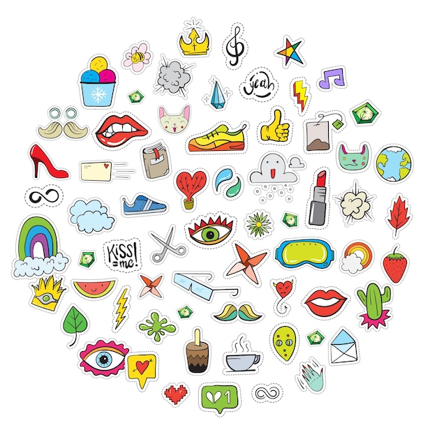 Gran conjunto de pegatinas aleatorias Elementos como flor corazón corona nube labios correo ojos diamantes dibujados a mano vectorios lindos parches de moda doodle arte pop boceto insignias y alfileres