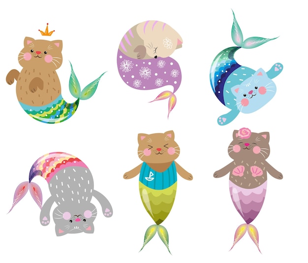 Gran conjunto de pegatinas de arte vectorial lindas ilustraciones de imágenes prediseñadas de gato sirena