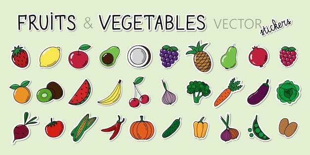 Gran conjunto de pegatinas de bayas y verduras de frutas vectoriales Colección de alimentos de garabatos con forma blanca