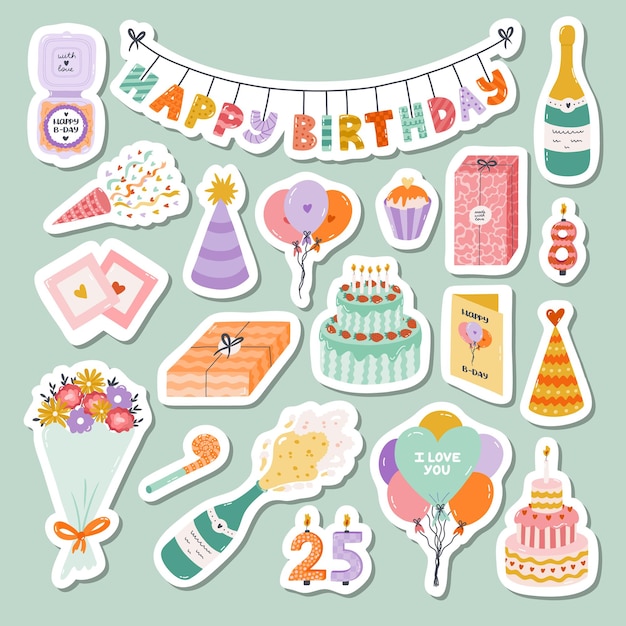 Gran conjunto de pegatinas con clipart de cumpleaños dibujado a mano para planificadores cuadernos listos para imprimir lista de pegatines lindos elementos de vacaciones de moda decoración de fiesta pastel de vela regalo globo de fiesta sombrero