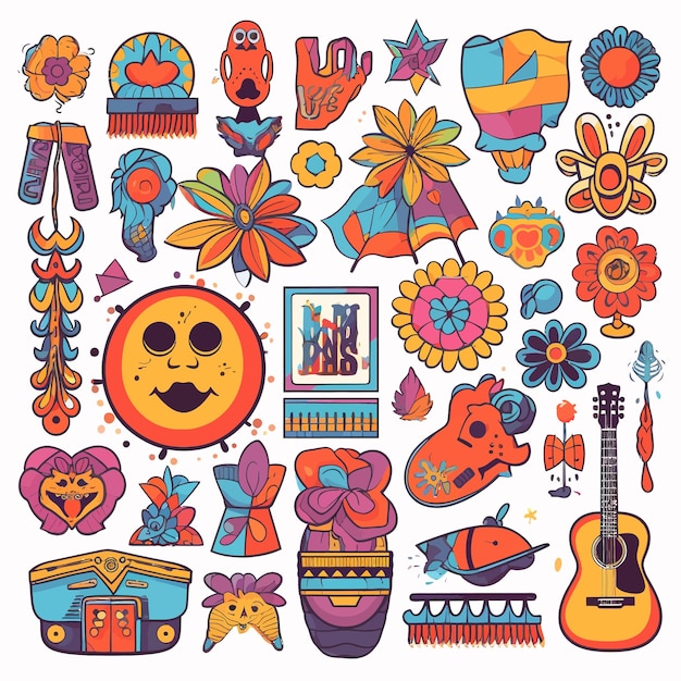 Vector un gran conjunto de pegatinas con la cultura hippie.