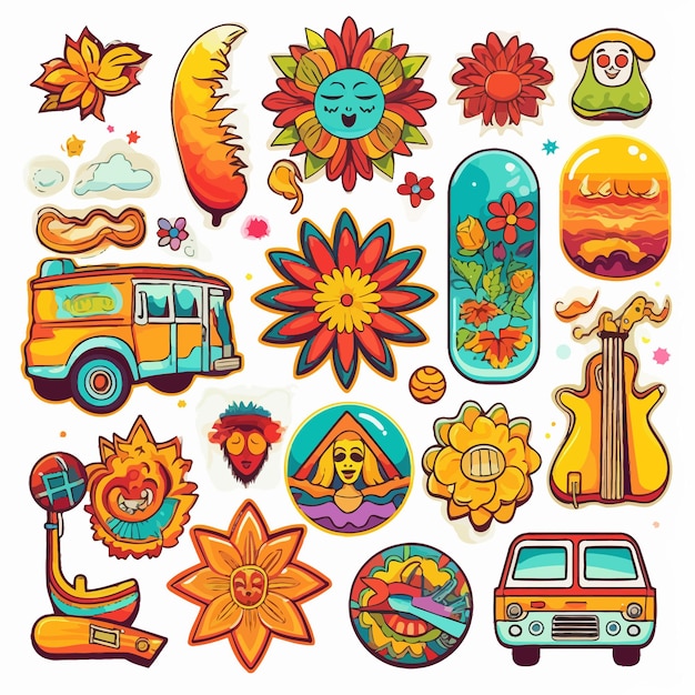 Vector un gran conjunto de pegatinas con la cultura hippie.