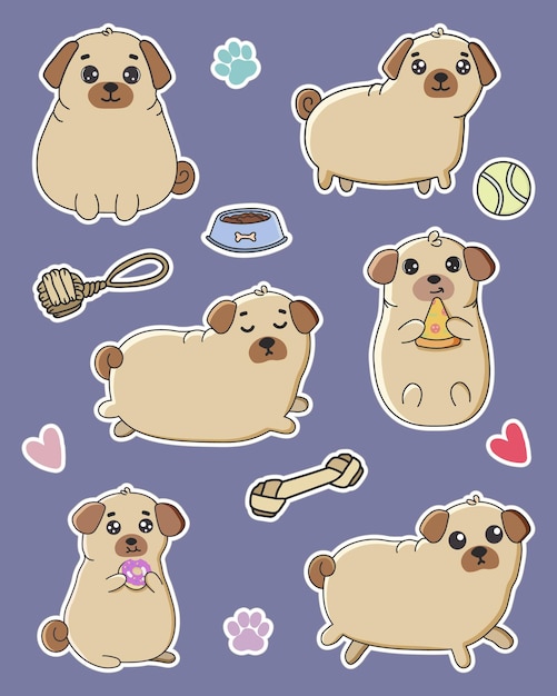 Gran conjunto de pegatinas divertidas con pugs genial para el diseño de tarjetas de felicitación y más