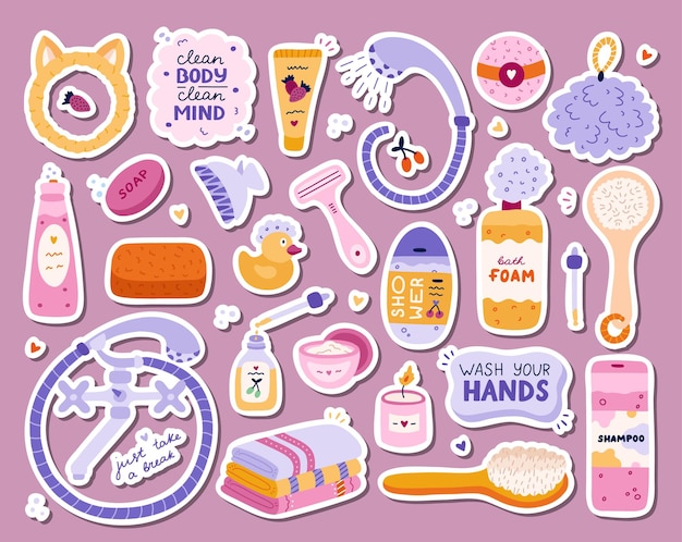 Gran conjunto de pegatinas con lindos artículos de higiene accesorios de baño y ducha colección de clipart dibujado a mano con productos para el cuidado de la piel belleza y cuidado del cuerpo amor propio en el estilo de dibujos animados de moda