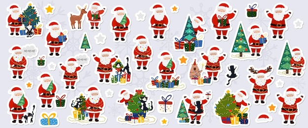 Un gran conjunto de pegatinas de Santa Claus y símbolos y elementos de Navidad Ilustración vectorial de Año Nuevo plana