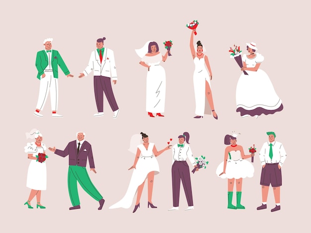 Vector gran conjunto de personajes en vestidos y trajes de novia novios recién casados