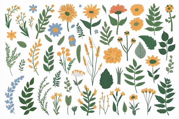 Un gran conjunto de plantas un conjunto de flores arbustos ramas hojas pegatinas botánicas