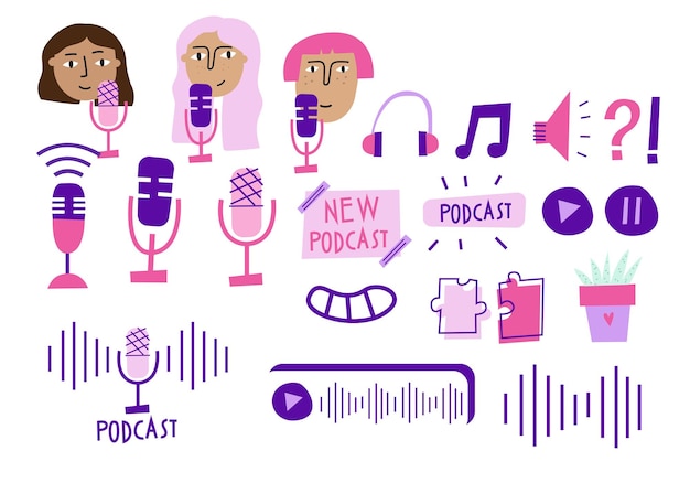 Gran conjunto de podcasting podcast girls micrófono podcast iconos ilustraciones planas